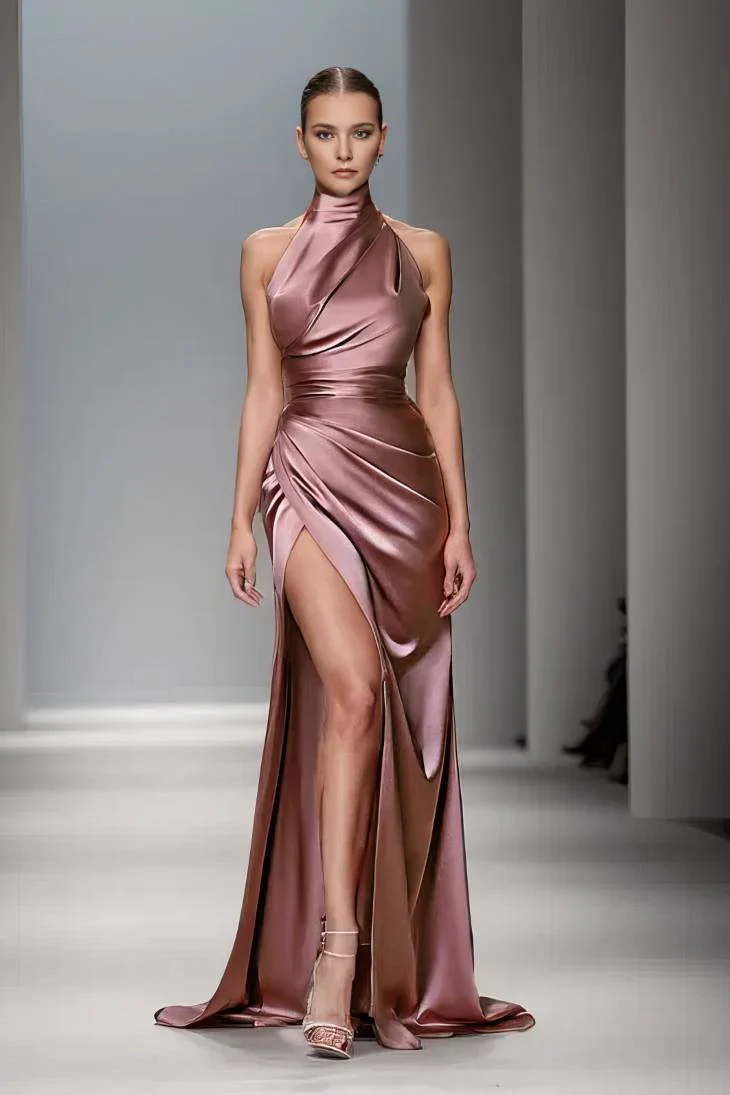 Robe Demoiselle D'Honneur Satin Brillant Col Licou - Camilla – Image 6