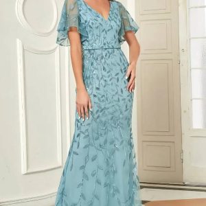 Robe Demoiselle D'Honneur Sirène Broderies Feuilles Manches Courtes Cape Col En V - Nina